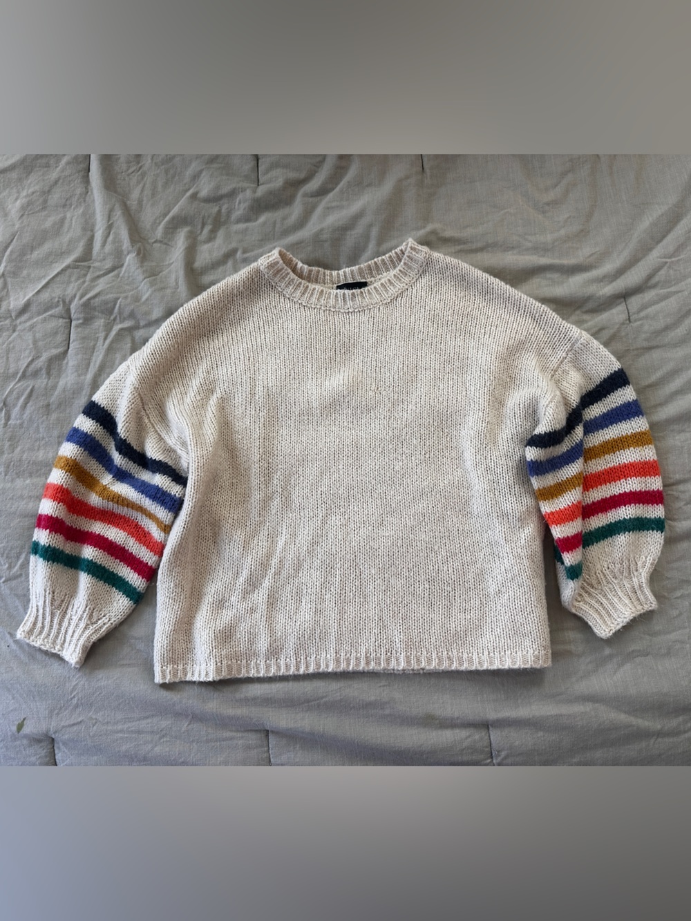Vici Cream Knit Sweater with Multicolor Striped Puff Sleeves